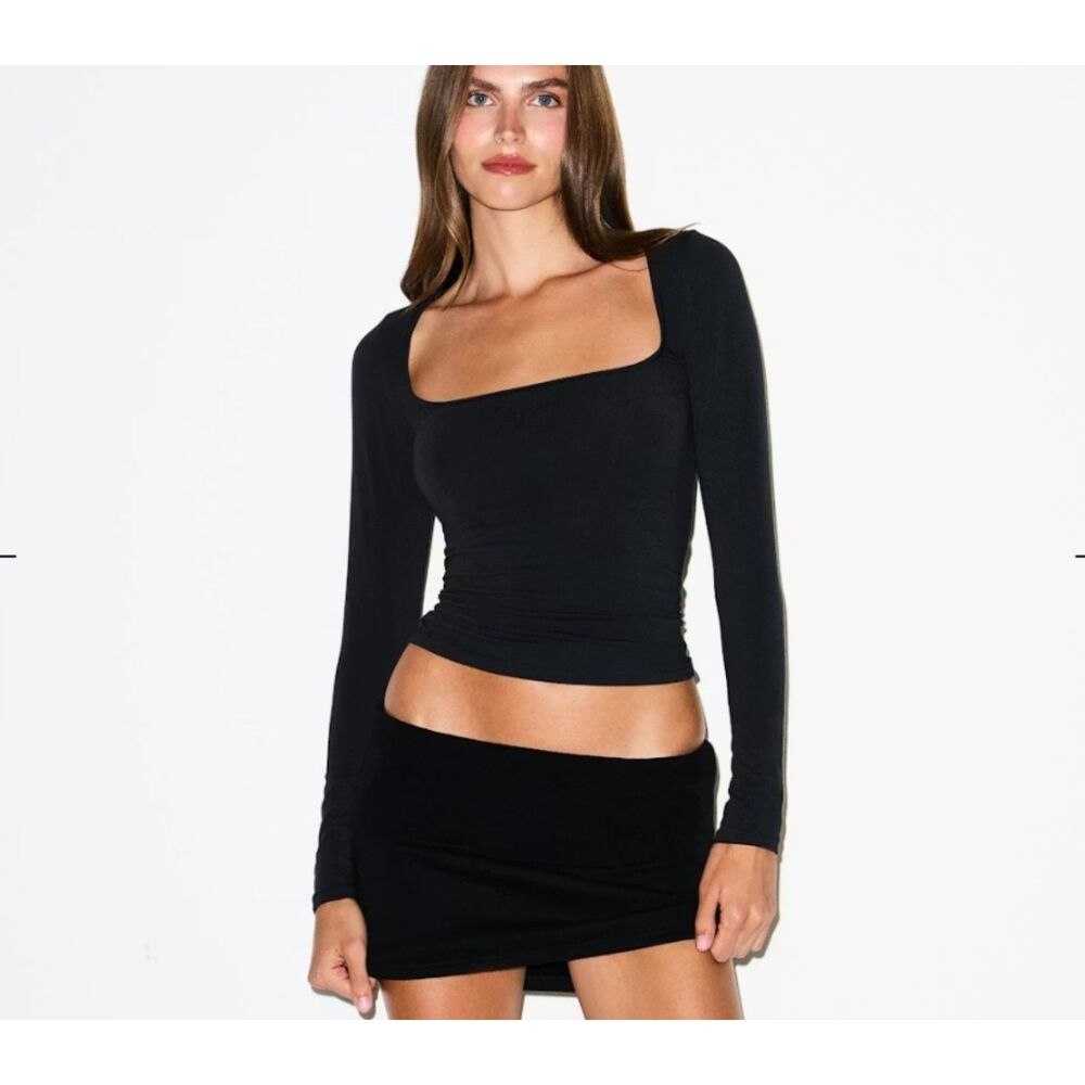 NEW SKIMS Cotton Jersey Scoop Neck Long Sleeve Tee Medium LE Soot Black NWT
